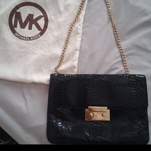 Michael Kors Black Snake Print Clutch with Gold Chain